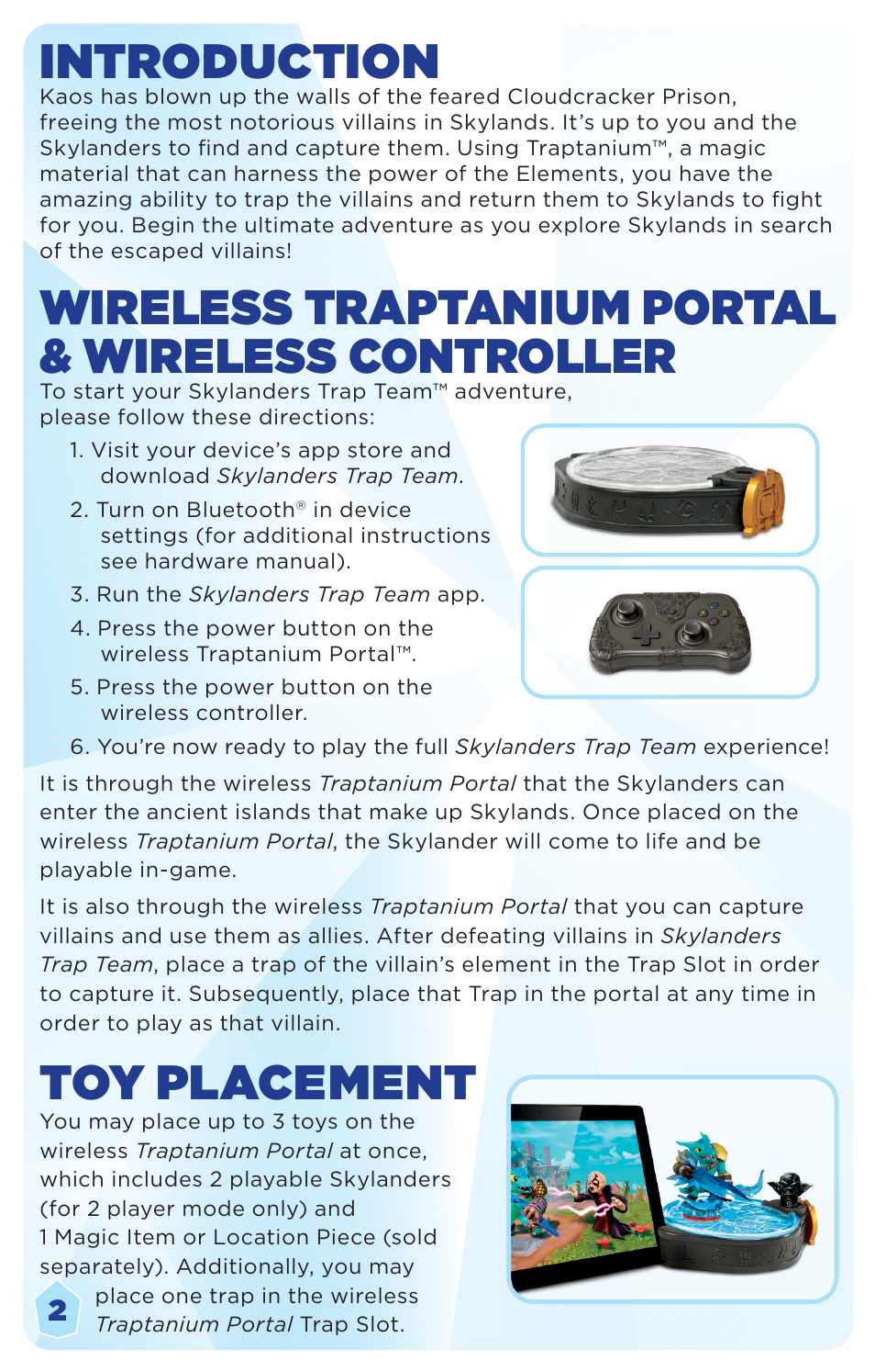 Introduction, Wireless traptanium portal & wireless controller, Toy placement | Activision Skylanders Trap Team User Manual | Page 3 / 10