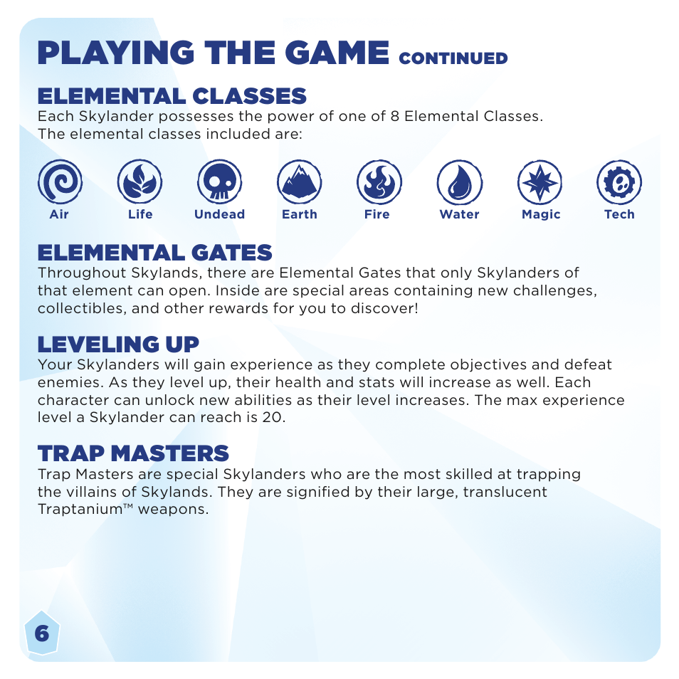 Playing the game, Elemental classes, Elemental gates | Leveling up, Trap masters | Activision Skylanders Trap Team User Manual | Page 10 / 15