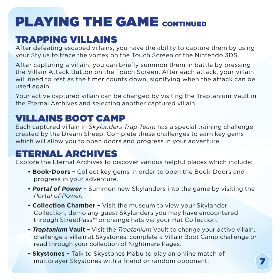 Playing the game, Trapping villains, Villains boot camp | Eternal archives | Activision Skylanders Trap Team User Manual | Page 11 / 15