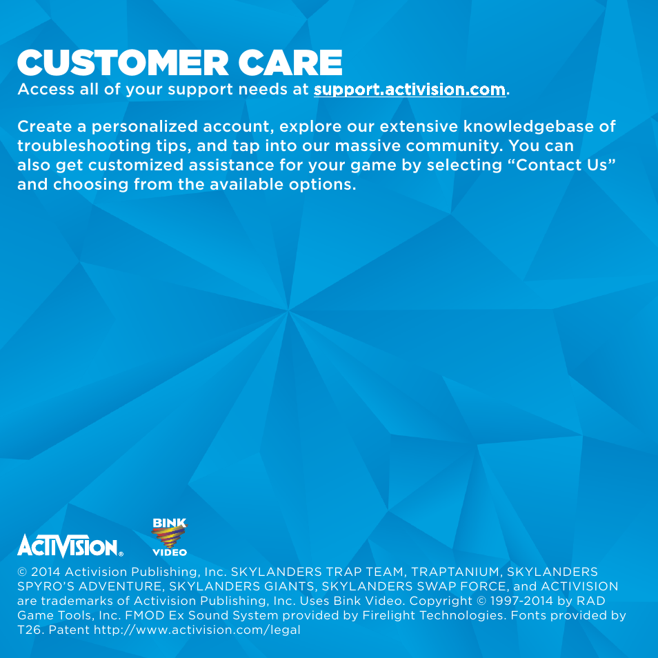 Customer care | Activision Skylanders Trap Team User Manual | Page 15 / 15