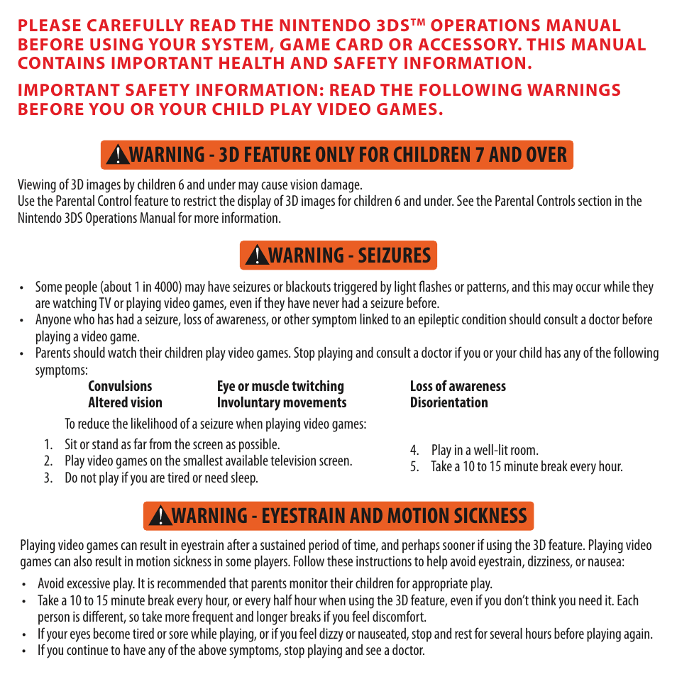 Warning - 3d feature only for children 7 and over, Warning - eyestrain and motion sickness, Warning - seizures | Activision Skylanders Trap Team User Manual | Page 2 / 15