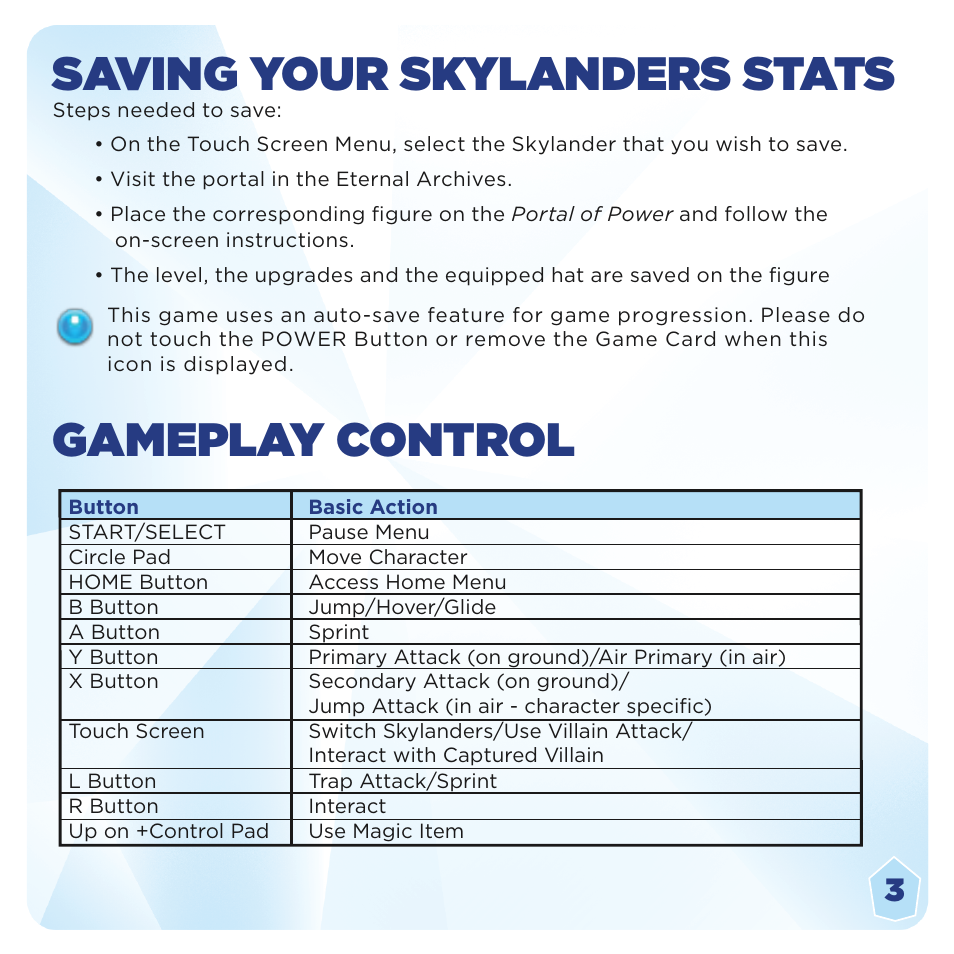 Saving your skylanders stats, Gameplay control | Activision Skylanders Trap Team User Manual | Page 7 / 15