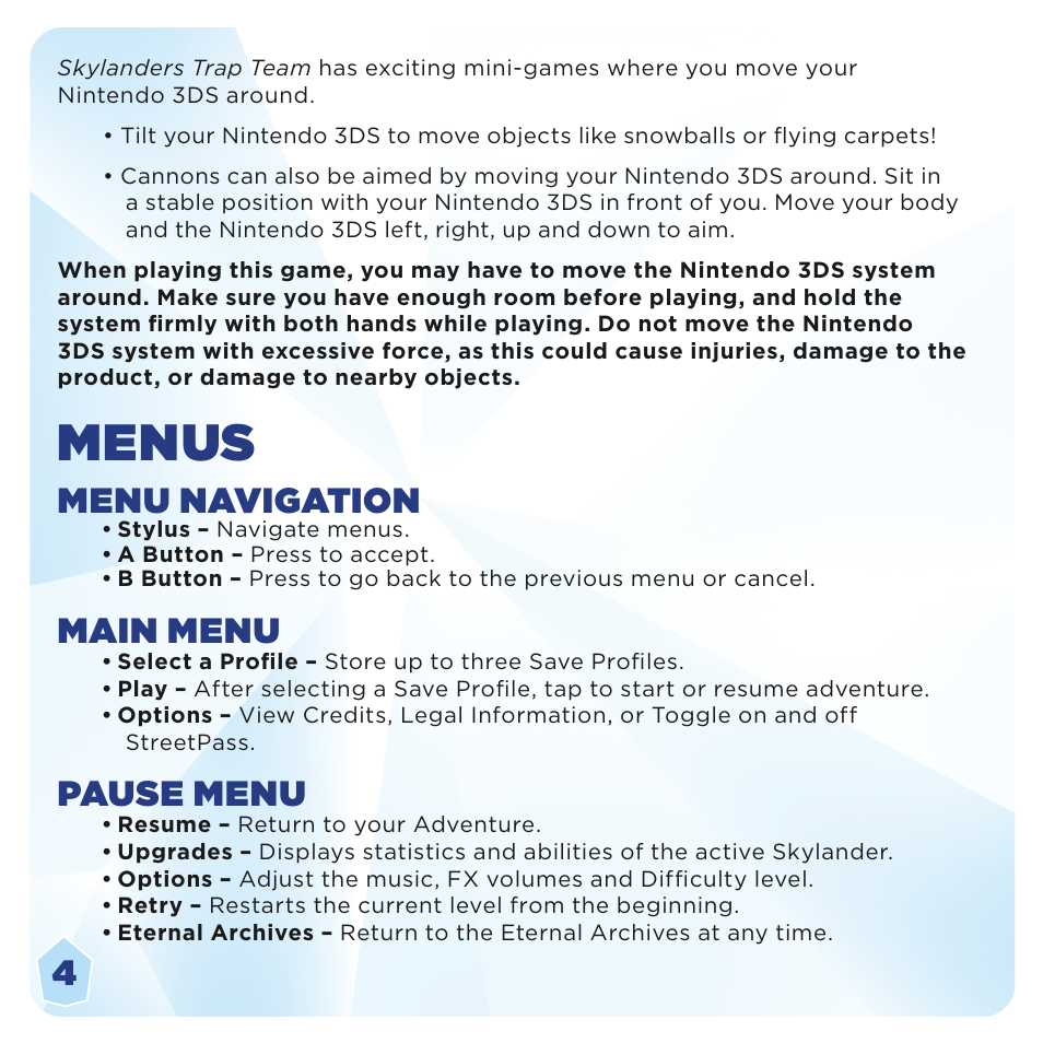 Menus, Menu navigation, Main menu | Pause menu | Activision Skylanders Trap Team User Manual | Page 8 / 15