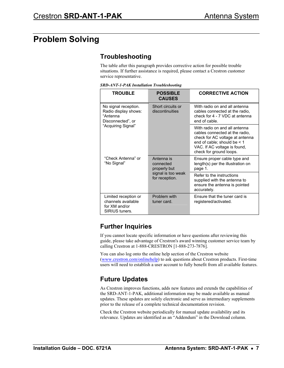 Problem solving, Troubleshooting, Further inquiries | Future updates, Crestron srd-ant-1-pak antenna system | Crestron electronic Antenna System SRD-ANT-1-PAK User Manual | Page 11 / 16