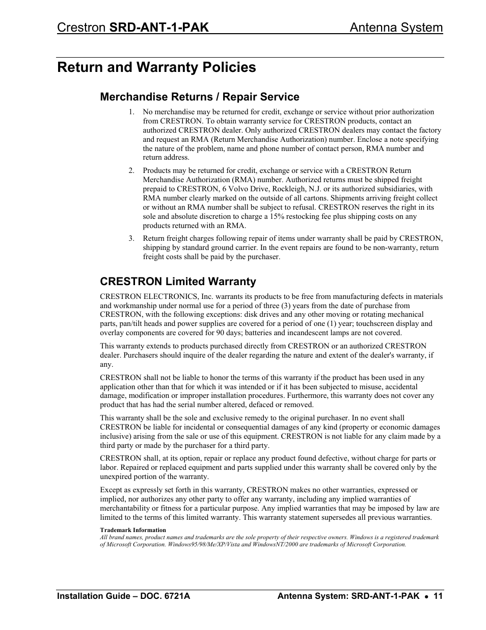 Return and warranty policies, Merchandise returns / repair service, Crestron limited warranty | Crestron srd-ant-1-pak antenna system | Crestron electronic Antenna System SRD-ANT-1-PAK User Manual | Page 15 / 16