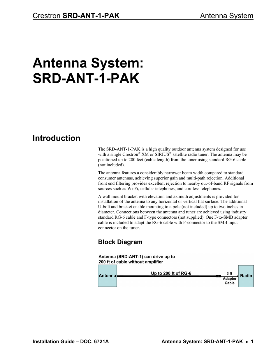 Antenna system: srd-ant-1-pak, Introduction, Block diagram | Crestron srd-ant-1-pak antenna system | Crestron electronic Antenna System SRD-ANT-1-PAK User Manual | Page 5 / 16