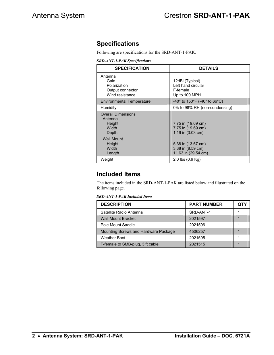 Specifications, Included items, Antenna system crestron srd-ant-1-pak | Crestron electronic Antenna System SRD-ANT-1-PAK User Manual | Page 6 / 16