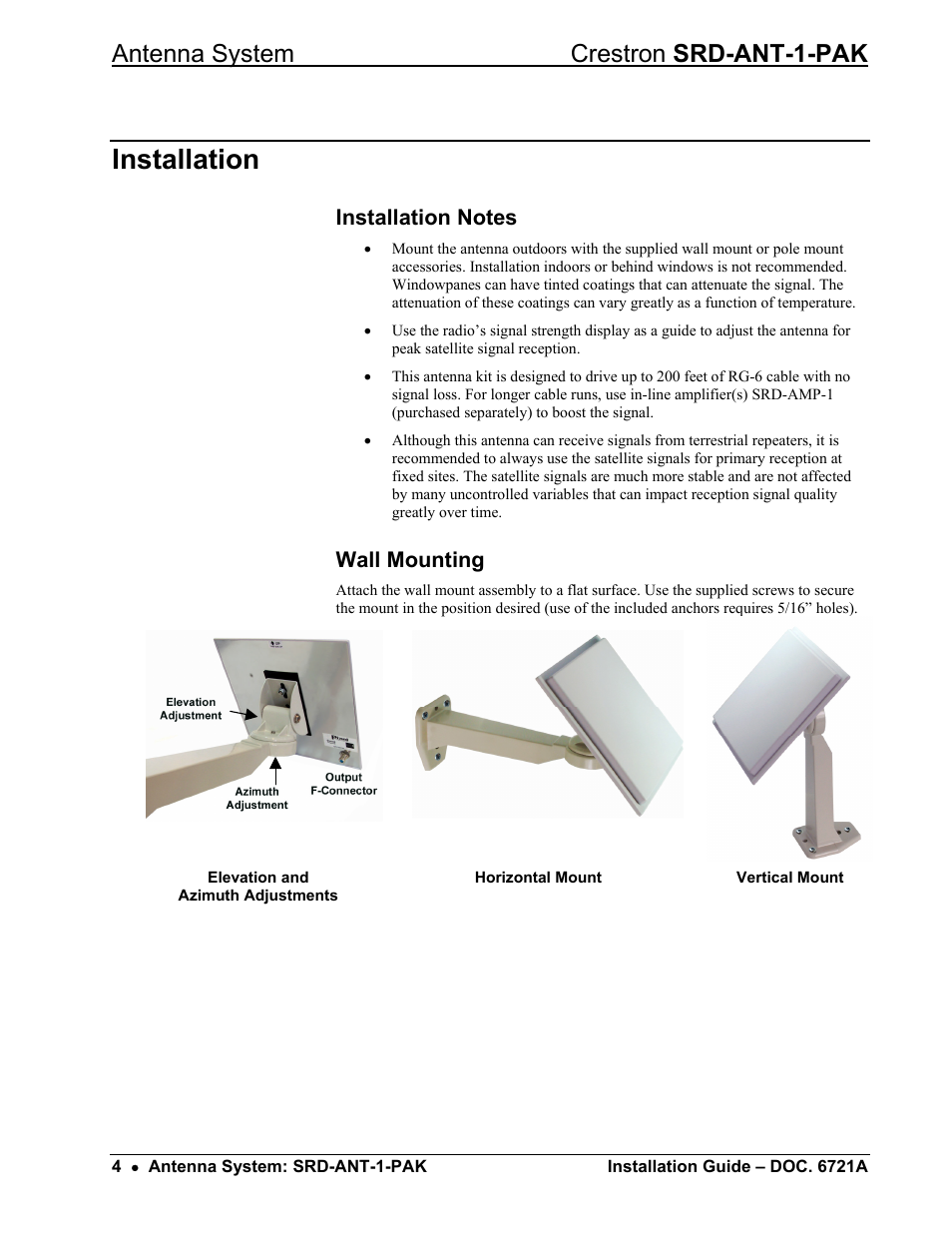 Installation, Installation notes, Wall mounting | Antenna system crestron srd-ant-1-pak | Crestron electronic Antenna System SRD-ANT-1-PAK User Manual | Page 8 / 16
