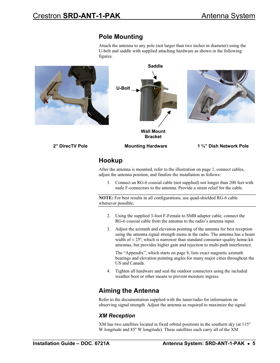 Pole mounting, Hookup, Aiming the antenna | Xm reception, Crestron srd-ant-1-pak antenna system | Crestron electronic Antenna System SRD-ANT-1-PAK User Manual | Page 9 / 16