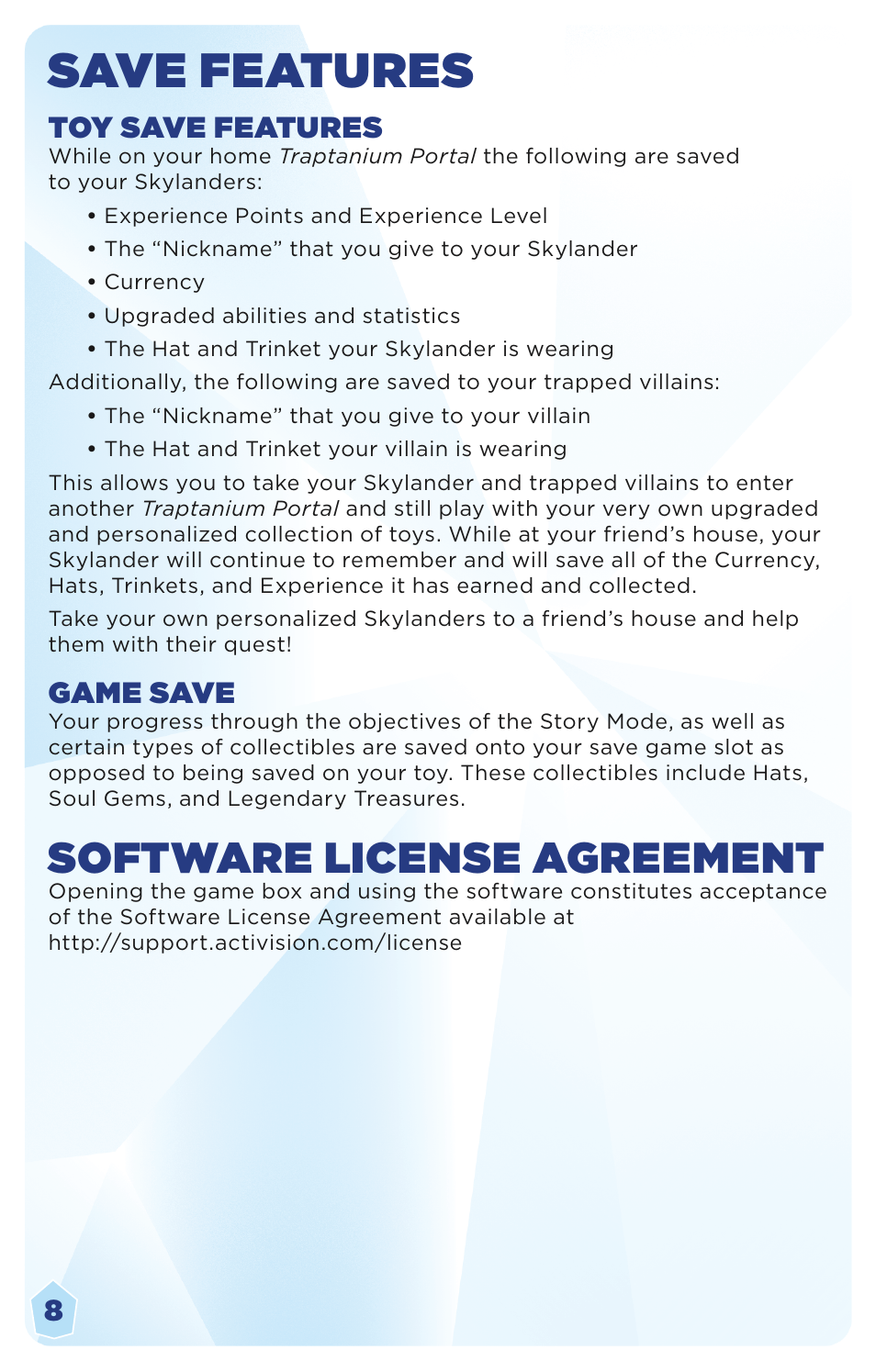 Save features, Software license agreement | Activision Skylanders Trap Team User Manual | Page 10 / 11