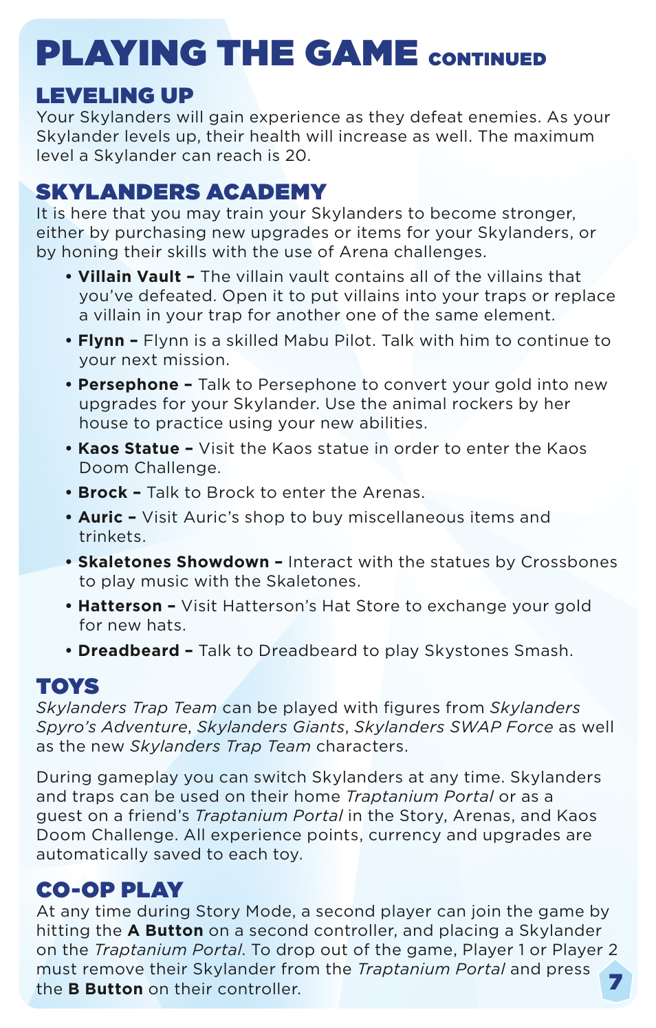 Playing the game, Leveling up, Skylanders academy | Toys, Co-op play | Activision Skylanders Trap Team User Manual | Page 9 / 11