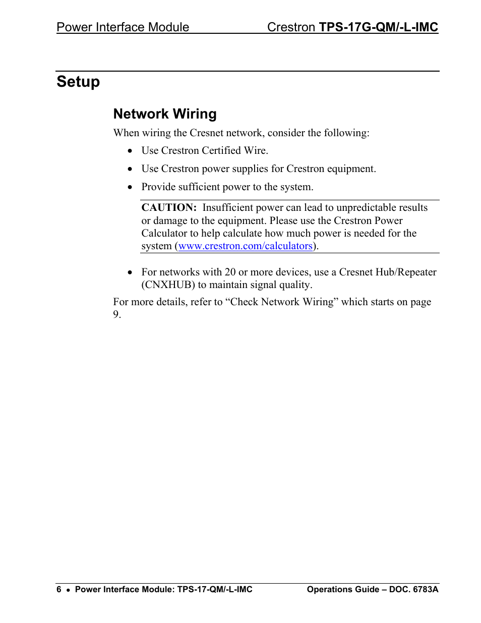 Setup, Network wiring | Crestron electronic TPS-17G-QM/-L-IMC User Manual | Page 10 / 16