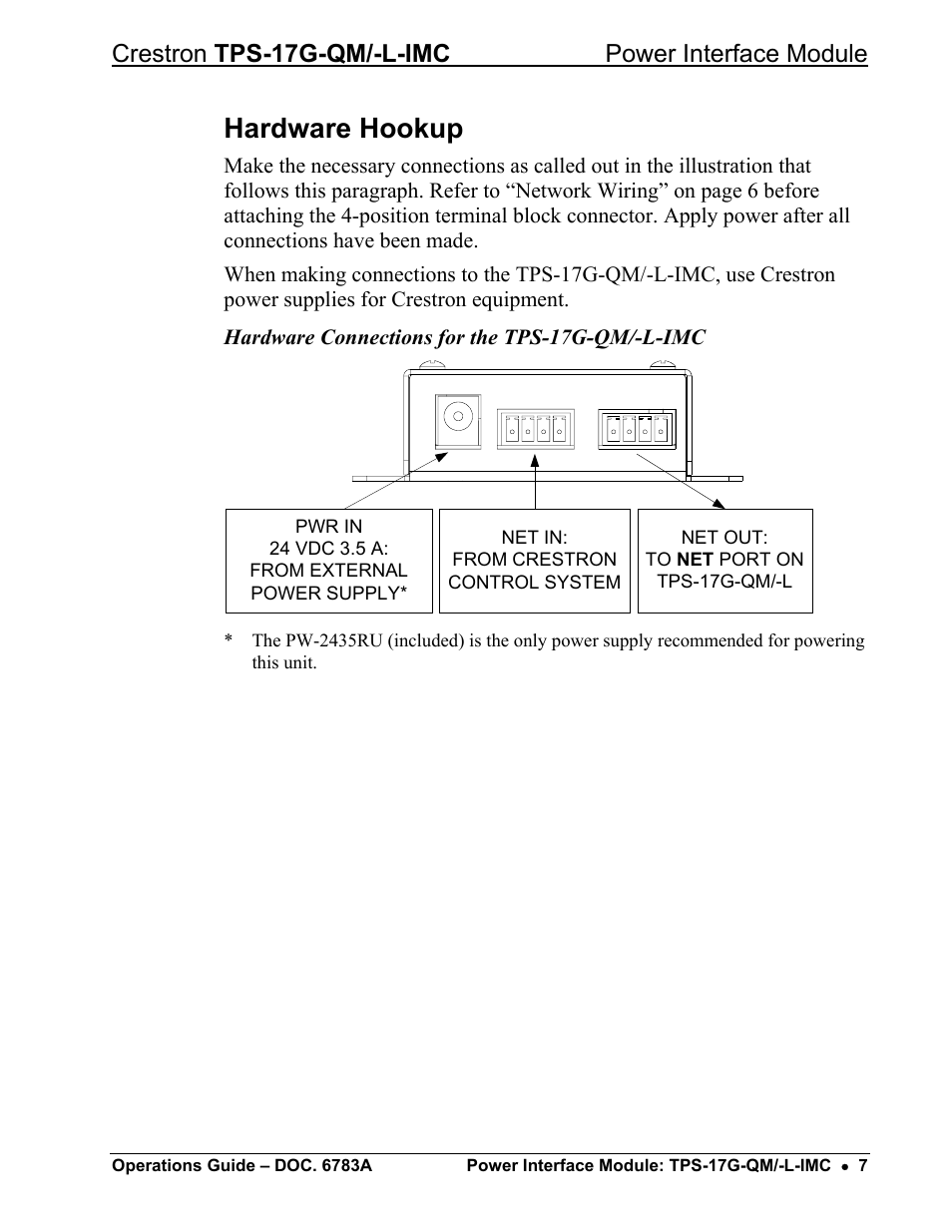 Hardware hookup, Crestron tps-17g-qm/-l-imc power interface module | Crestron electronic TPS-17G-QM/-L-IMC User Manual | Page 11 / 16