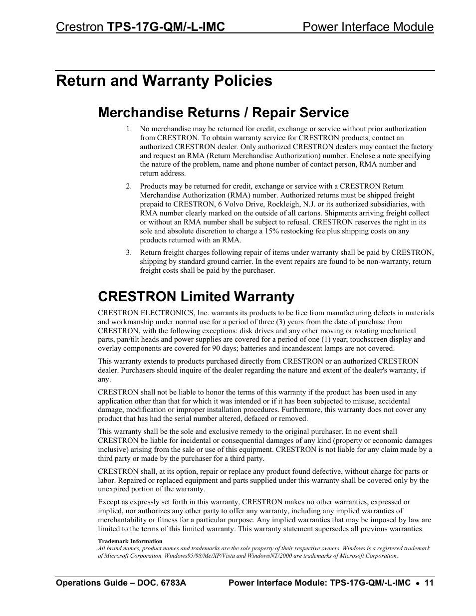 Return and warranty policies, Merchandise returns / repair service, Crestron limited warranty | Crestron tps-17g-qm/-l-imc power interface module | Crestron electronic TPS-17G-QM/-L-IMC User Manual | Page 15 / 16