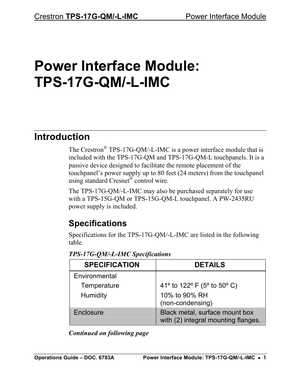 Power interface module: tps-17g-qm/-l-imc, Introduction, Specifications | Crestron electronic TPS-17G-QM/-L-IMC User Manual | Page 5 / 16