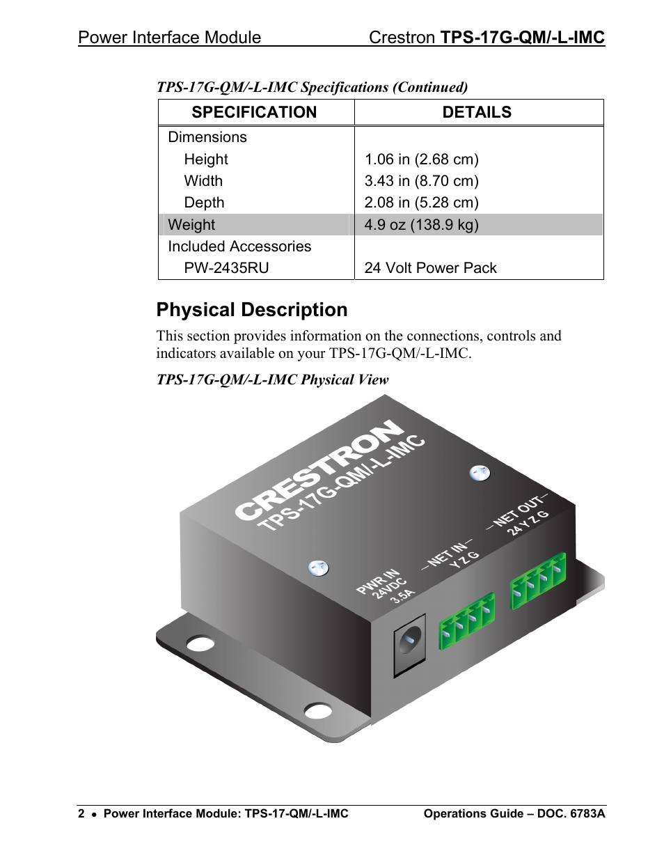 Physical description | Crestron electronic TPS-17G-QM/-L-IMC User Manual | Page 6 / 16