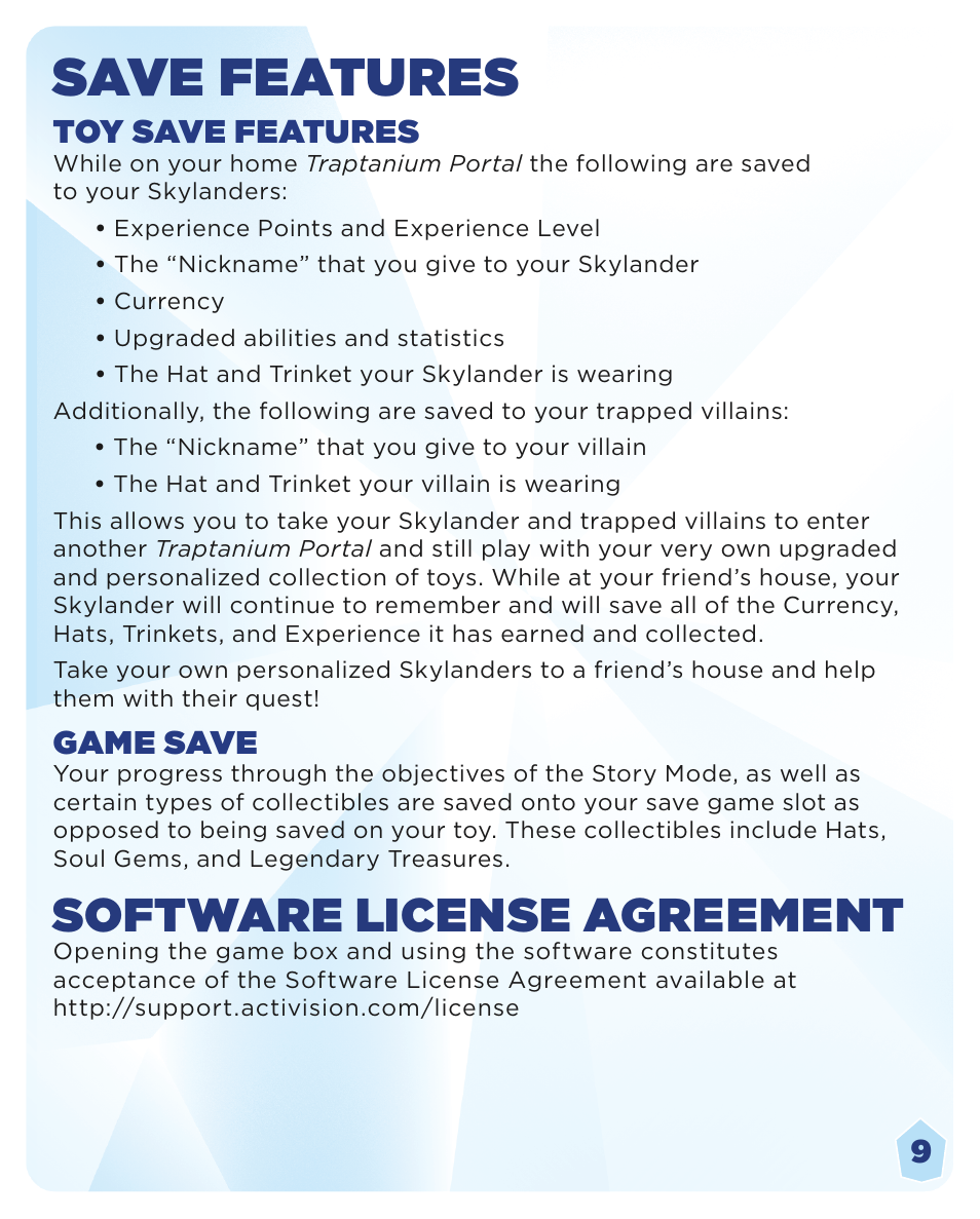 Save features, Software license agreement | Activision Skylanders Trap Team User Manual | Page 11 / 12