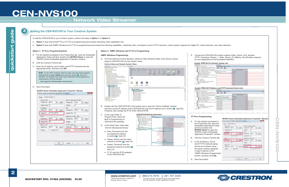 Cen-nvs100, Network video streamer, Adding the cen-nvs100 to your crestron system | Crestron electronic CEN-NVS100 User Manual | Page 2 / 2