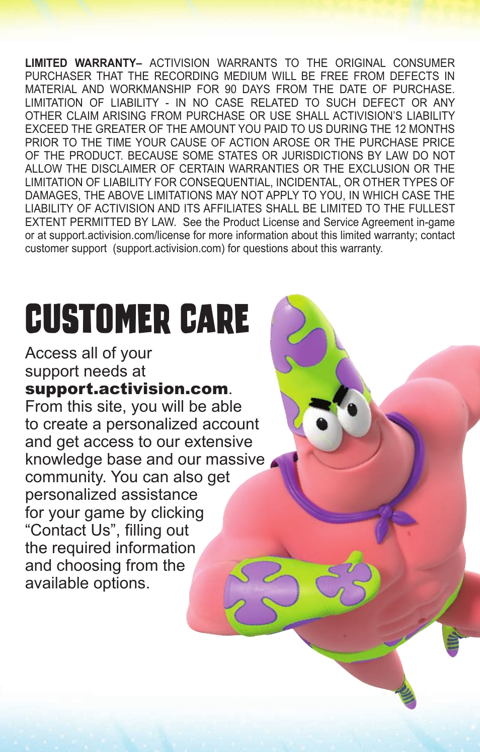 Customer care | Activision SpongeBob HeroPants User Manual | Page 5 / 6