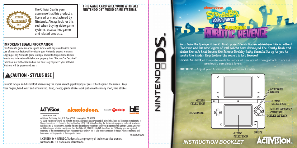 Activision SpongeBob SquarePants: Plankton's Robotic Revenge User Manual | 2 pages