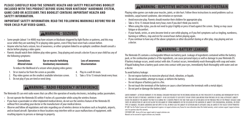 Warning - seizures, Warning - radio frequency interference, Warning - battery leakage | Warning - repetitive motion injuries and eyestrain | Activision SpongeBob SquarePants: Plankton's Robotic Revenge User Manual | Page 2 / 2