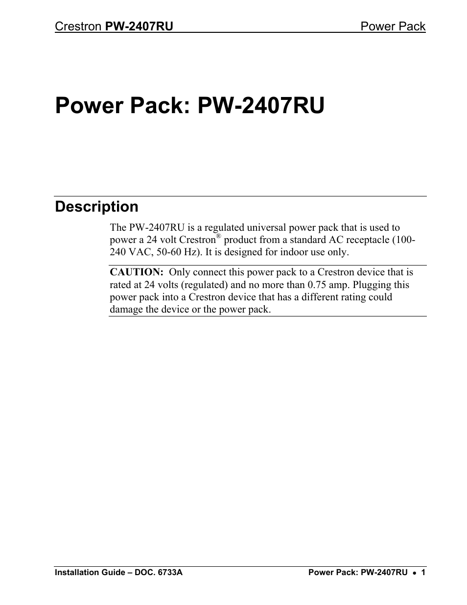 Power pack: pw-2407ru, Description | Crestron electronic PW-2407RU User Manual | Page 2 / 8