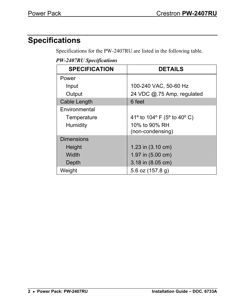 Specifications | Crestron electronic PW-2407RU User Manual | Page 3 / 8