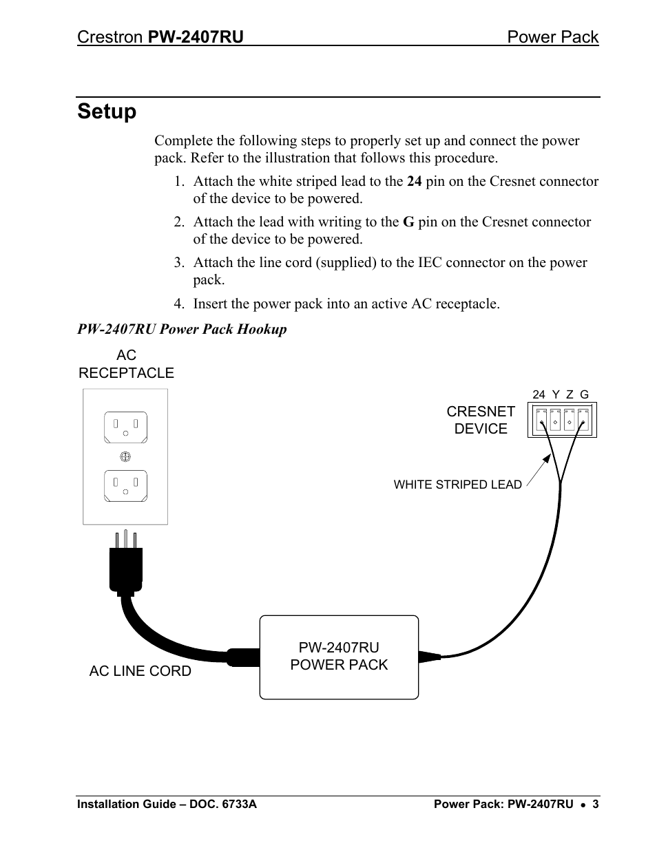 Setup, Crestron pw-2407ru power pack | Crestron electronic PW-2407RU User Manual | Page 4 / 8