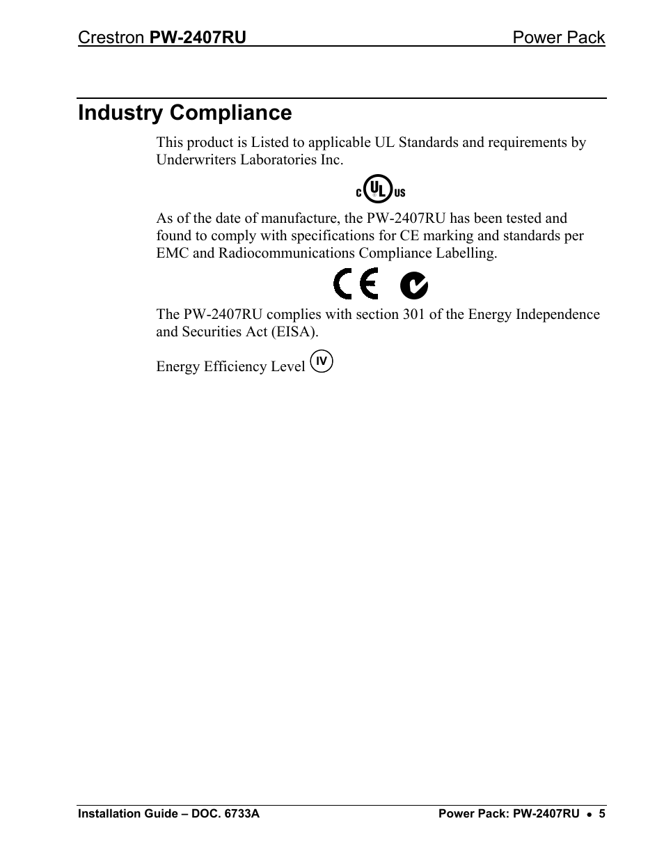 Industry compliance | Crestron electronic PW-2407RU User Manual | Page 6 / 8