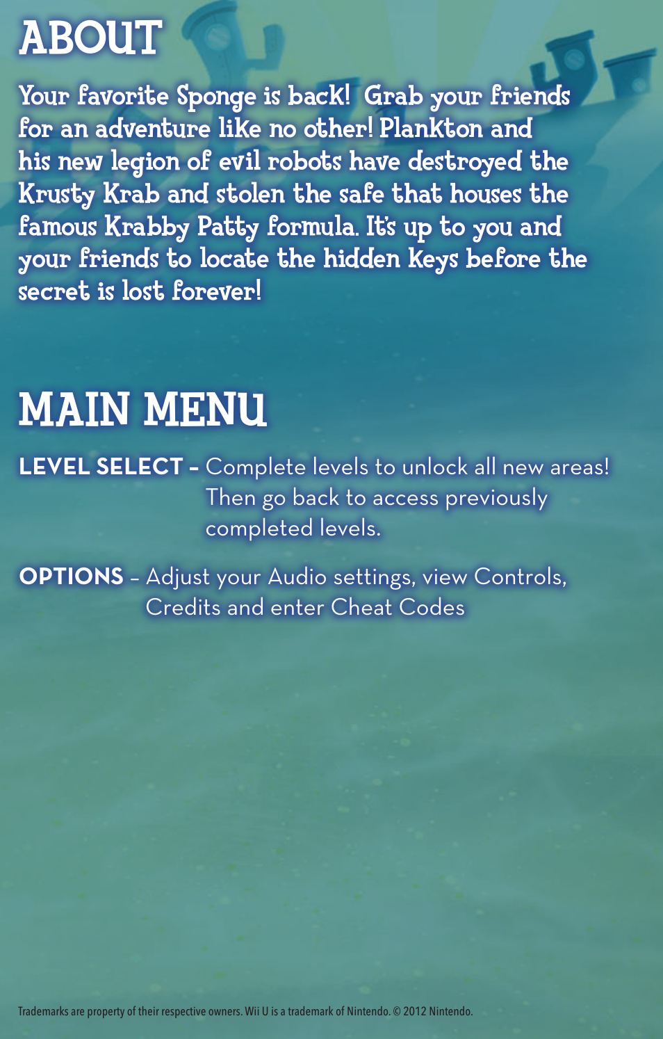 About, Main menu | Activision SpongeBob SquarePants: Plankton's Robotic Revenge User Manual | Page 3 / 8