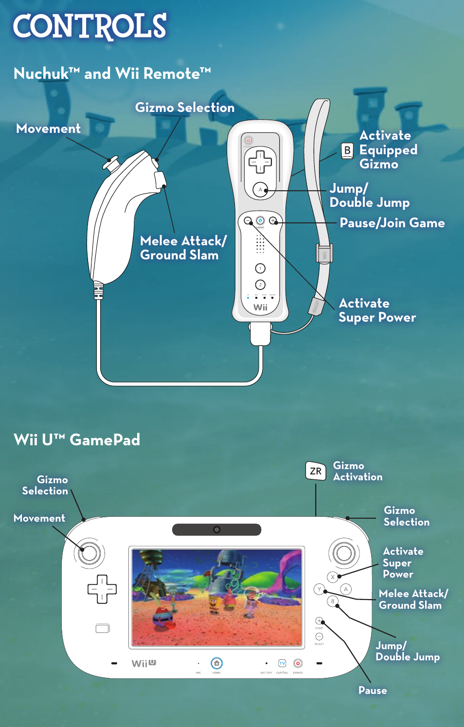 Controls, Nuchuk™ and wii remote™ wii u™ gamepad | Activision SpongeBob SquarePants: Plankton's Robotic Revenge User Manual | Page 4 / 8