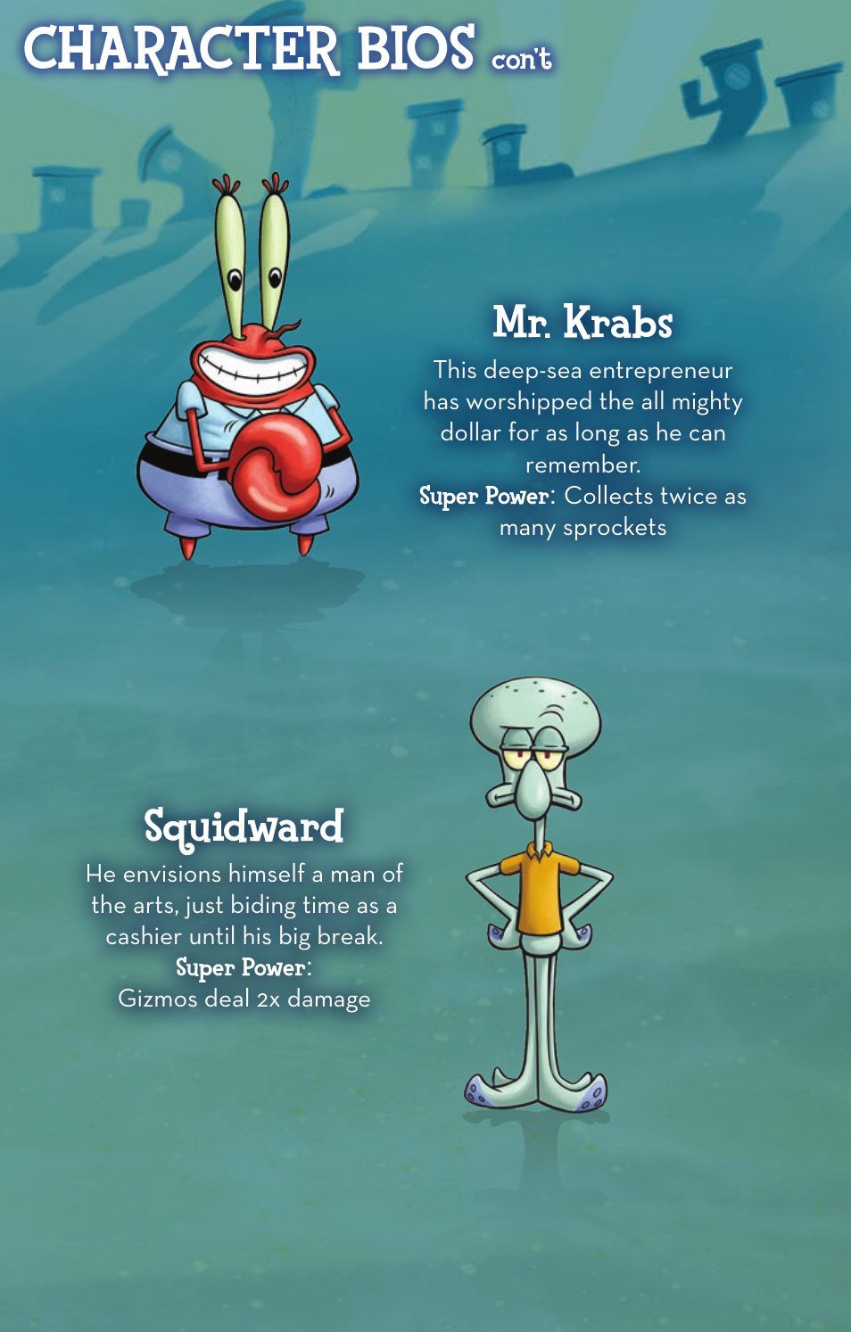 Character bios, Mr. krabs, Squidward | Activision SpongeBob SquarePants: Plankton's Robotic Revenge User Manual | Page 7 / 8