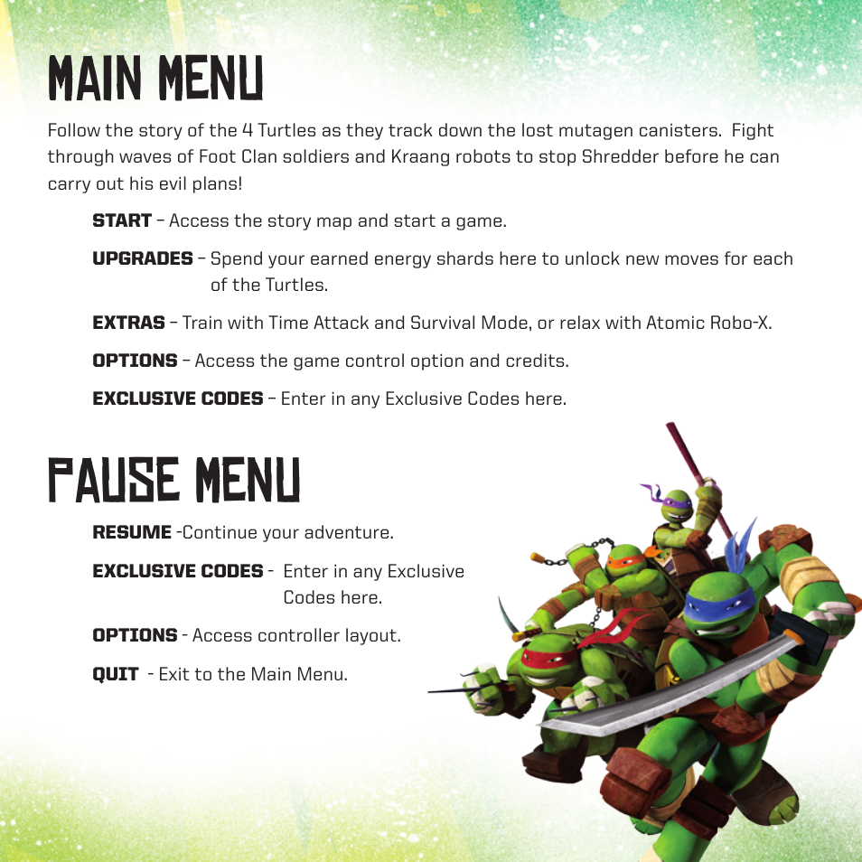 Main menu, Pause menu | Activision Teenage Mutant Ninja Turtles User Manual | Page 5 / 7