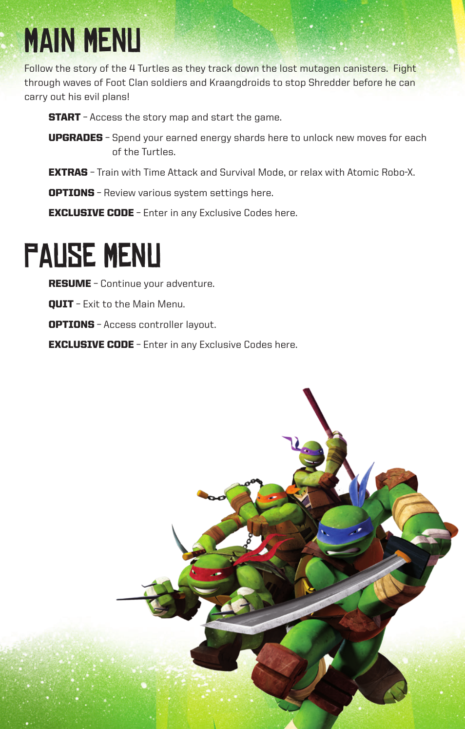 Main menu, Pause menu | Activision Teenage Mutant Ninja Turtles User Manual | Page 4 / 6