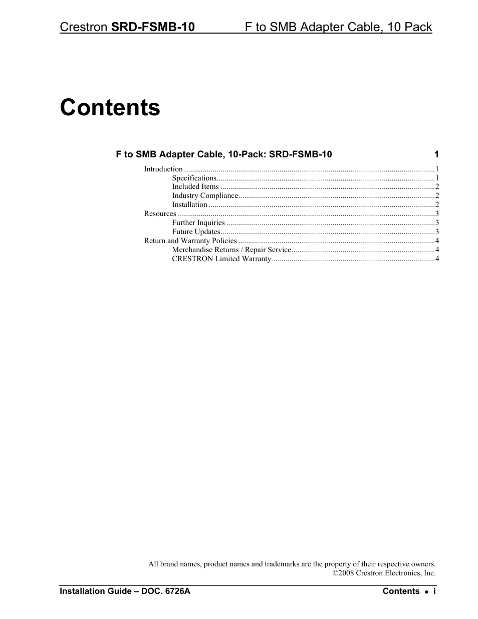 Crestron electronic F to SMB Adapter Cable SRD-FSMB-10 User Manual | Page 2 / 8