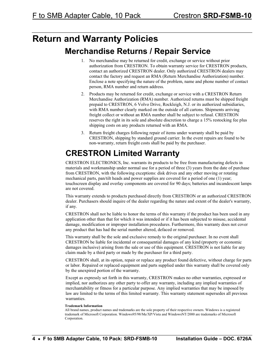 Return and warranty policies, Merchandise returns / repair service, Crestron limited warranty | Crestron electronic F to SMB Adapter Cable SRD-FSMB-10 User Manual | Page 6 / 8
