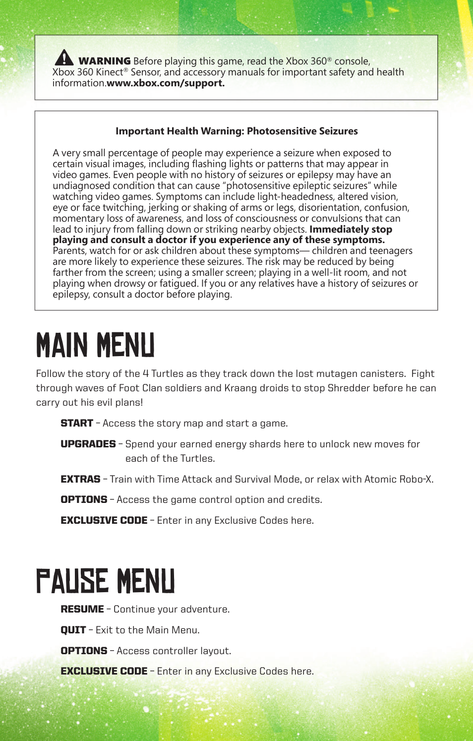 Main menu, Pause menu | Activision Teenage Mutant Ninja Turtles User Manual | Page 2 / 4