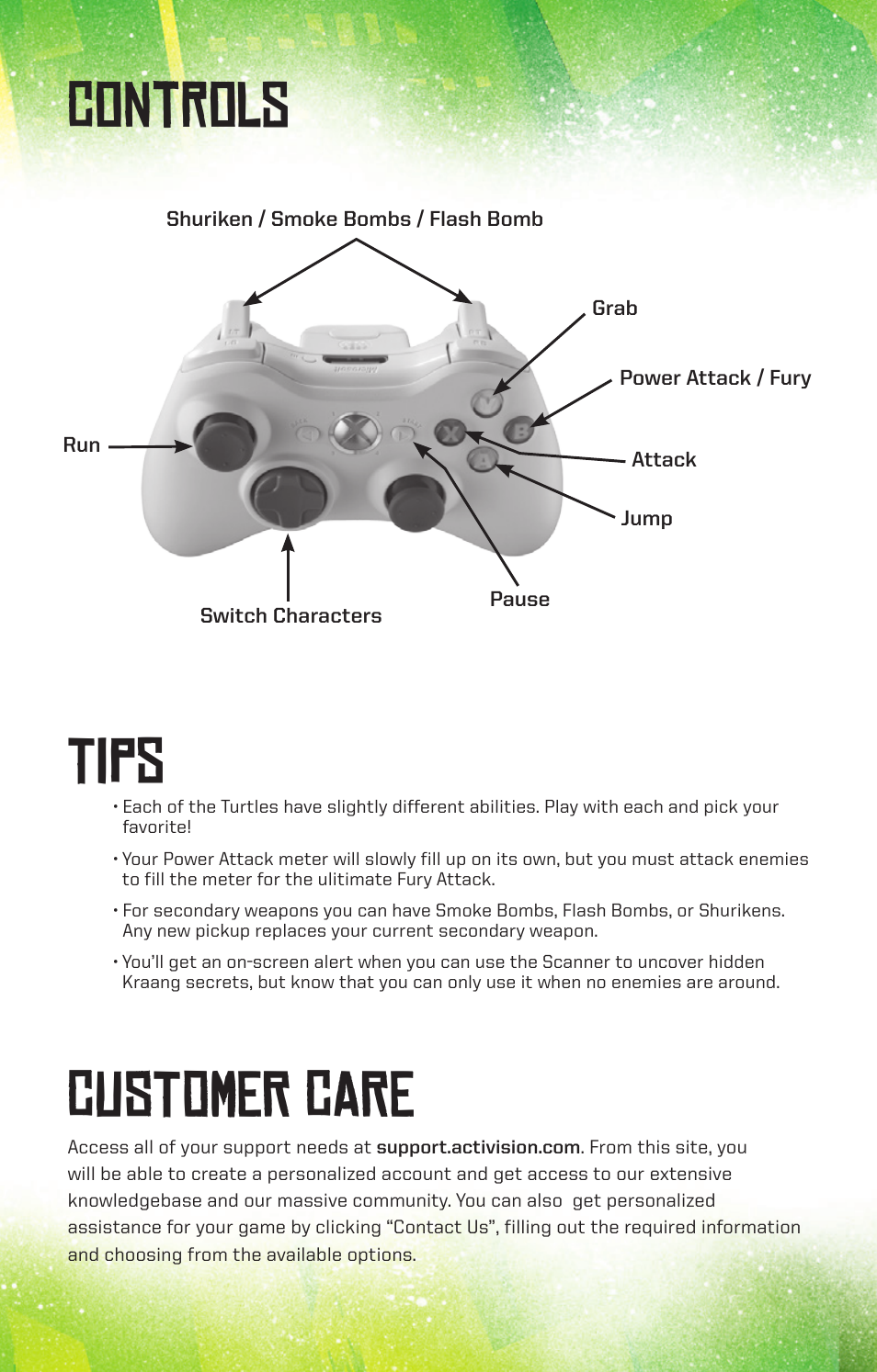 Controls, Tips, Customer care | Activision Teenage Mutant Ninja Turtles User Manual | Page 3 / 4