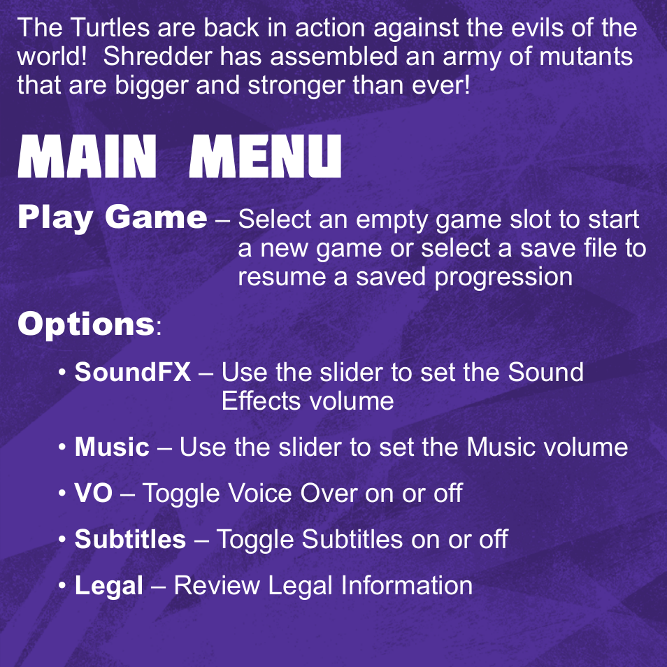 Main menu, Play game, Options | Activision Teenage Mutant Ninja Turtles - Danger of the Ooze User Manual | Page 5 / 12