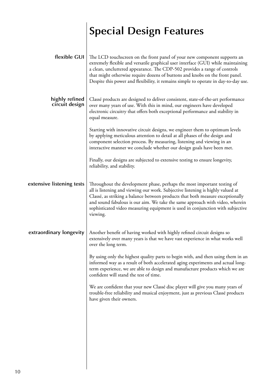 Special design features | Classe Audio CDP-502 User Manual | Page 10 / 48