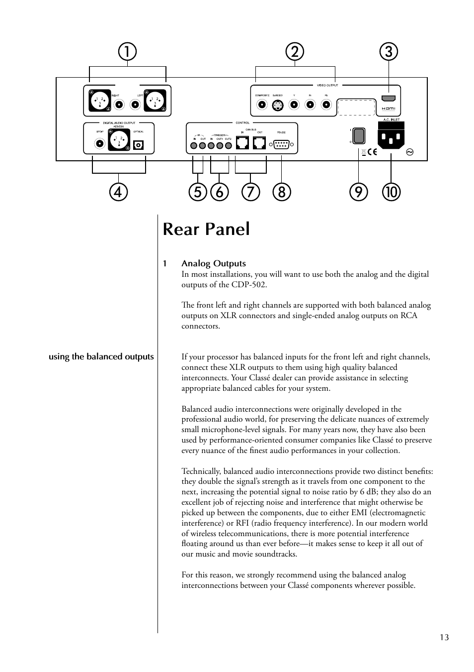 Rear panel | Classe Audio CDP-502 User Manual | Page 13 / 48
