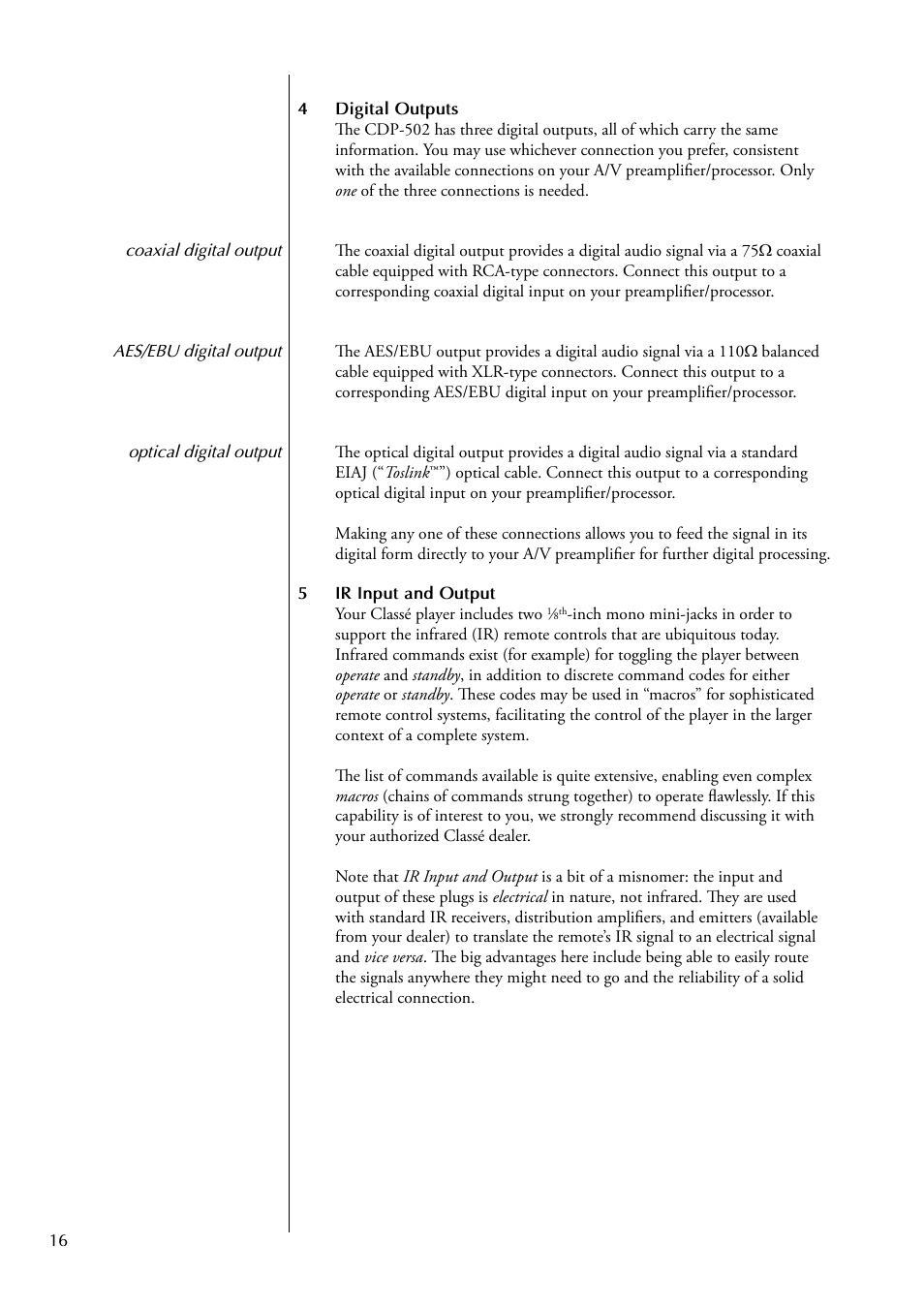 Classe Audio CDP-502 User Manual | Page 16 / 48