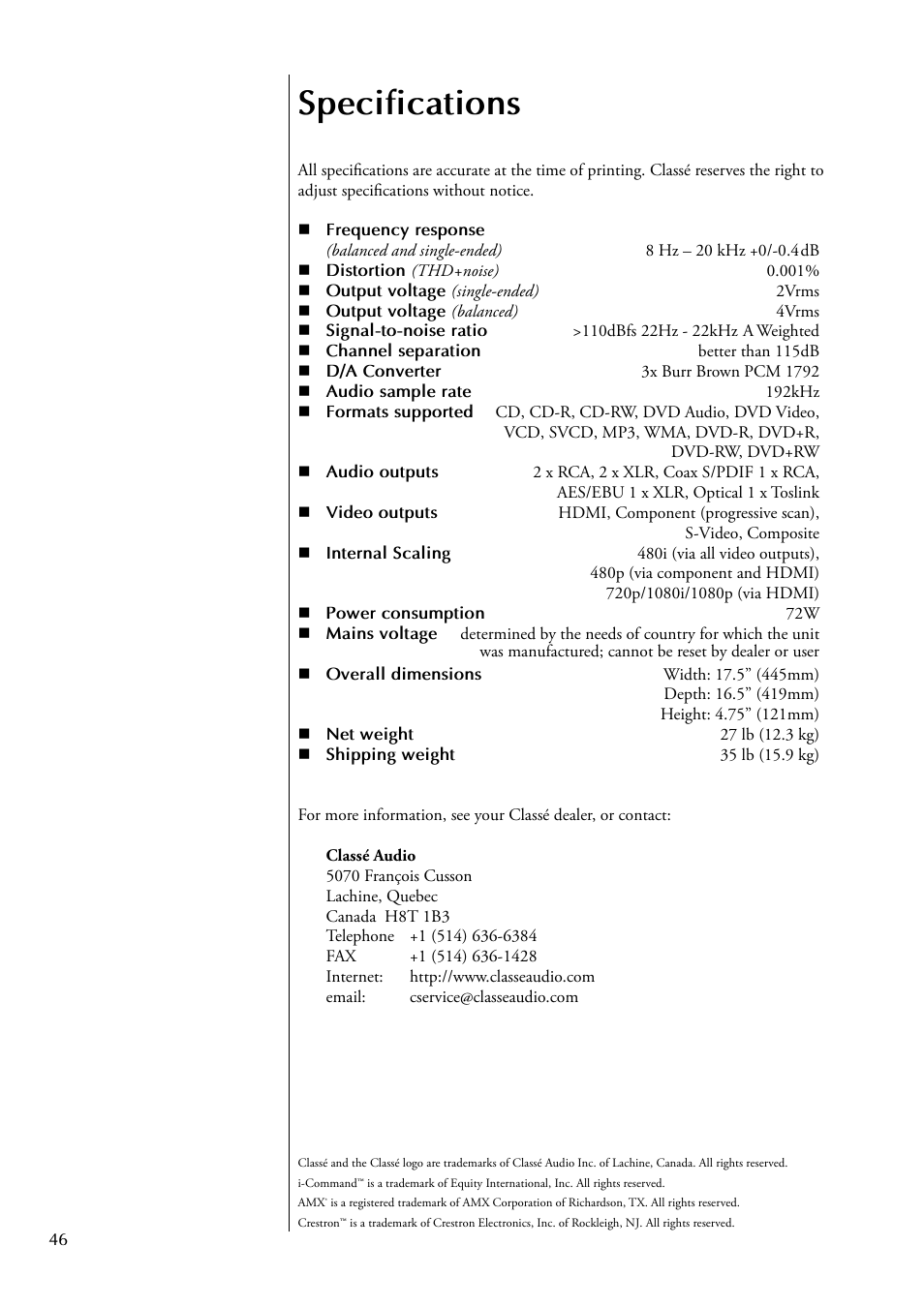 Specifications | Classe Audio CDP-502 User Manual | Page 46 / 48