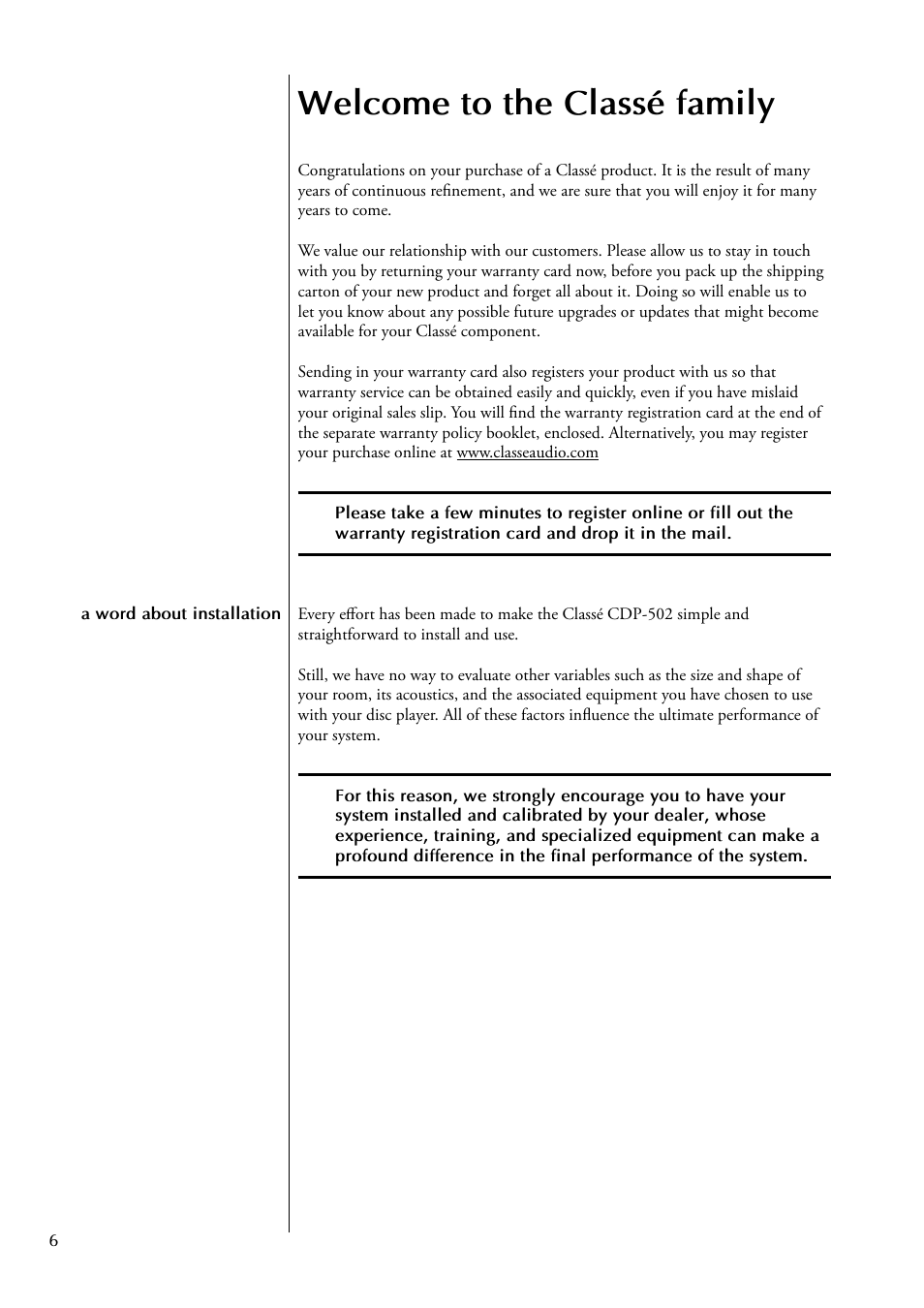 Welcome to the classé family | Classe Audio CDP-502 User Manual | Page 6 / 48