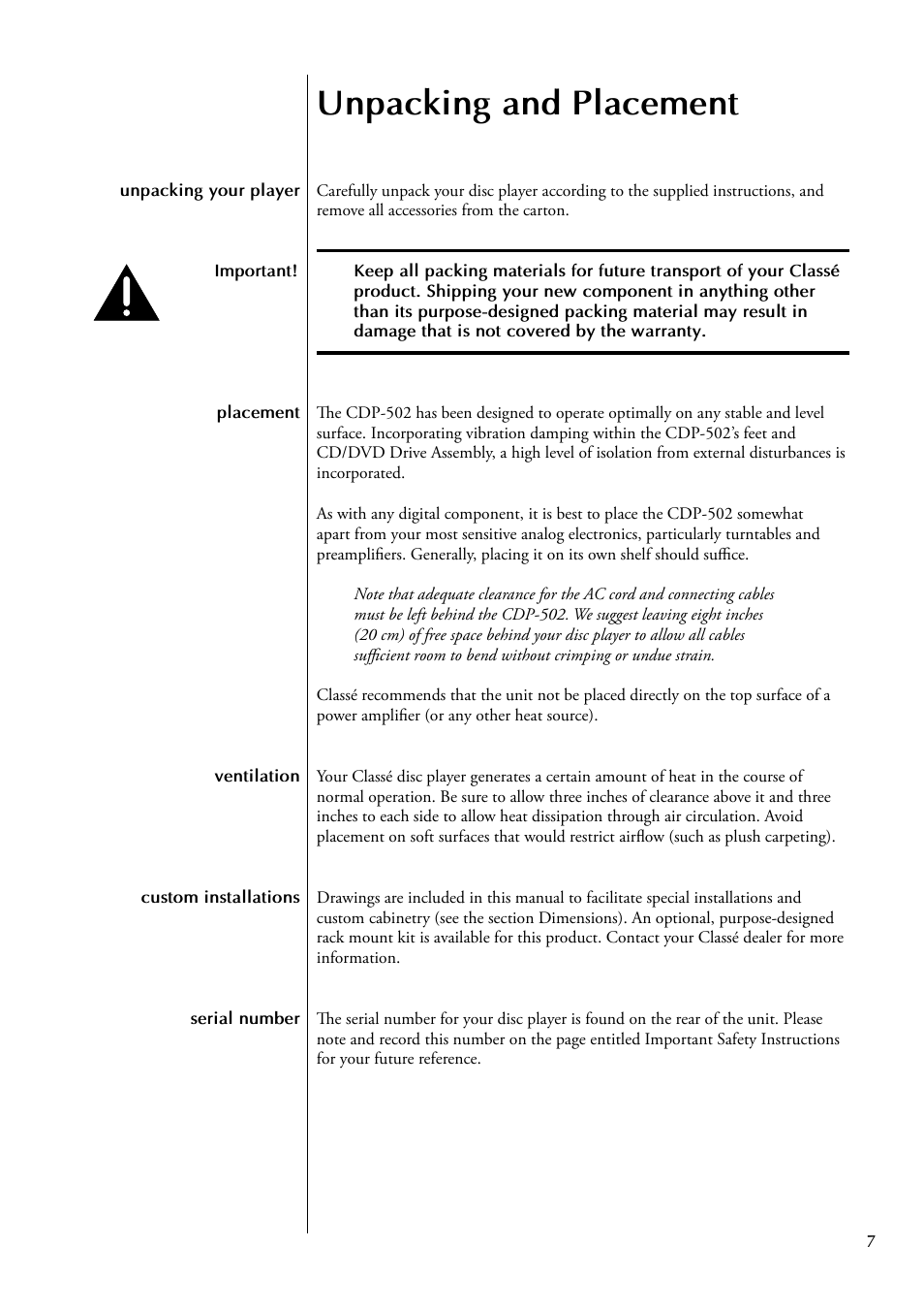 Unpacking and placement | Classe Audio CDP-502 User Manual | Page 7 / 48
