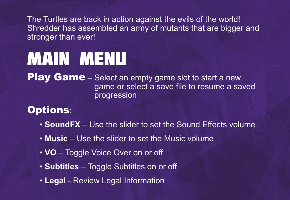 Main menu, Play game, Options | Activision Teenage Mutant Ninja Turtles - Danger of the Ooze User Manual | Page 3 / 15