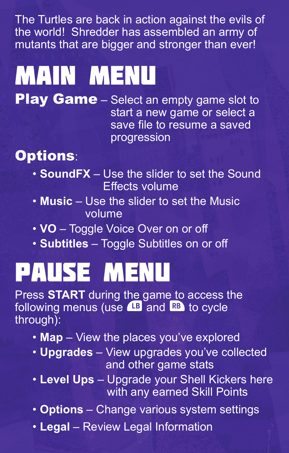 Main menu, Pause menu, Play game | Options | Activision Teenage Mutant Ninja Turtles - Danger of the Ooze User Manual | Page 3 / 7
