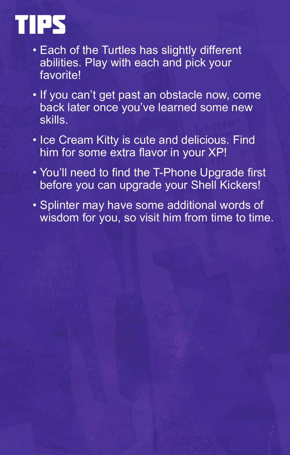Tips | Activision Teenage Mutant Ninja Turtles - Danger of the Ooze User Manual | Page 6 / 7