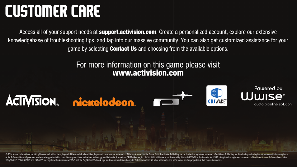 Customer care | Activision The Legend of Korra User Manual | Page 10 / 10