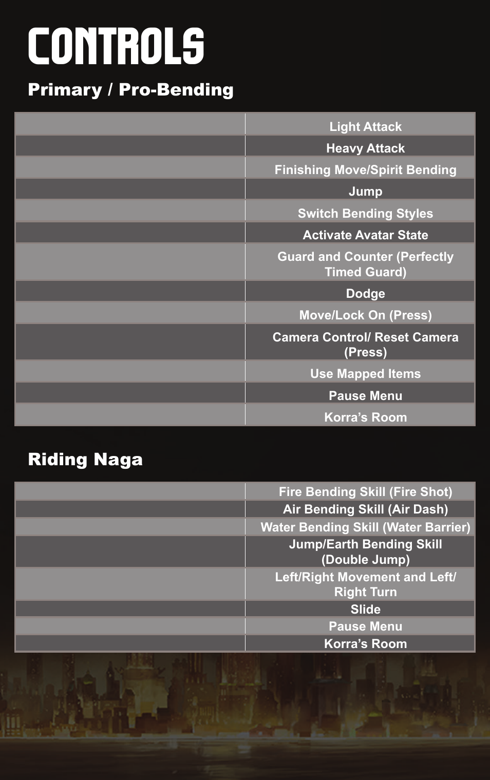 Controls, Primary / pro-bending riding naga | Activision The Legend of Korra User Manual | Page 3 / 6